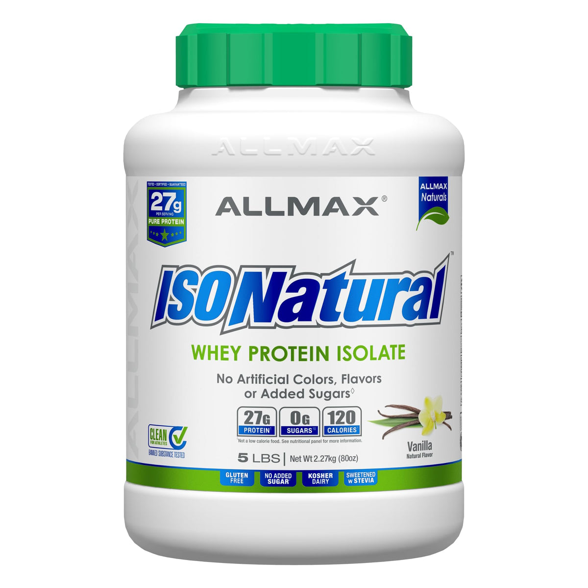 ALLMAX ISONATURAL vanille dans le bocal 5 lb, pratique à ranger.