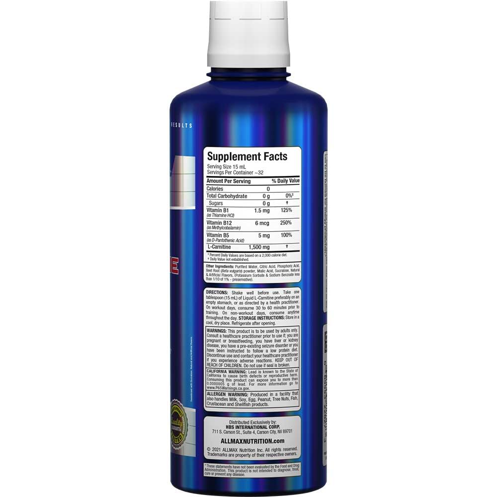 ALLMAX L-Carnitine liquide 1500 mg étiquette – information claire et goût Fruit Punch
