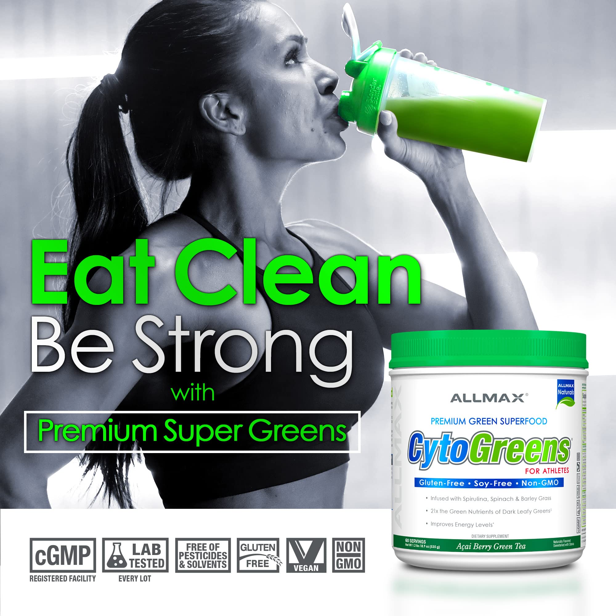 ALLMAX Naturals Cyto-Greens – emballage: présentation claire des ingrédients végétaux