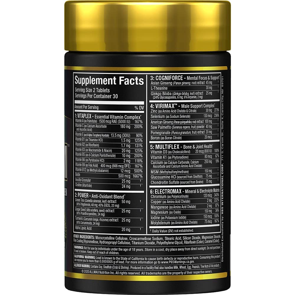 ALLMAX Vitaform Premium: étiquette lisible montrant les ingrédients clés et bénéfices potentiels.