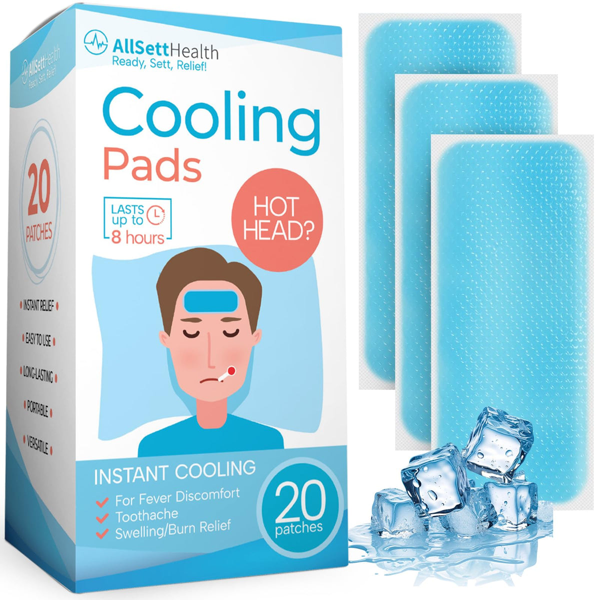 Bandes refroidissantes AllSett Health pour fièvre, soulagement rapide et fraîcheur durable.