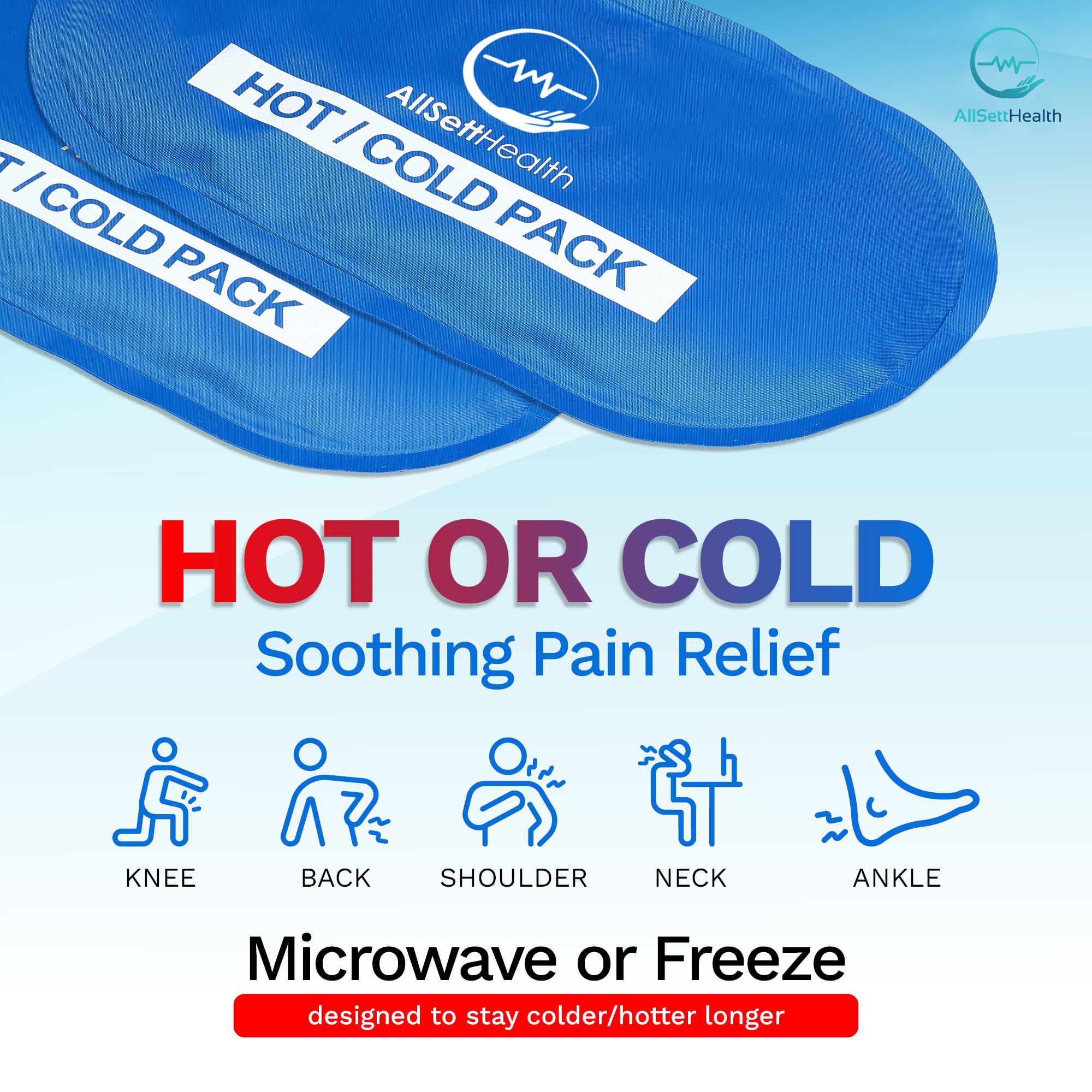 Pack glace flexible AllSett Health 10,5x5 pouces pour une application rapide à domicile.