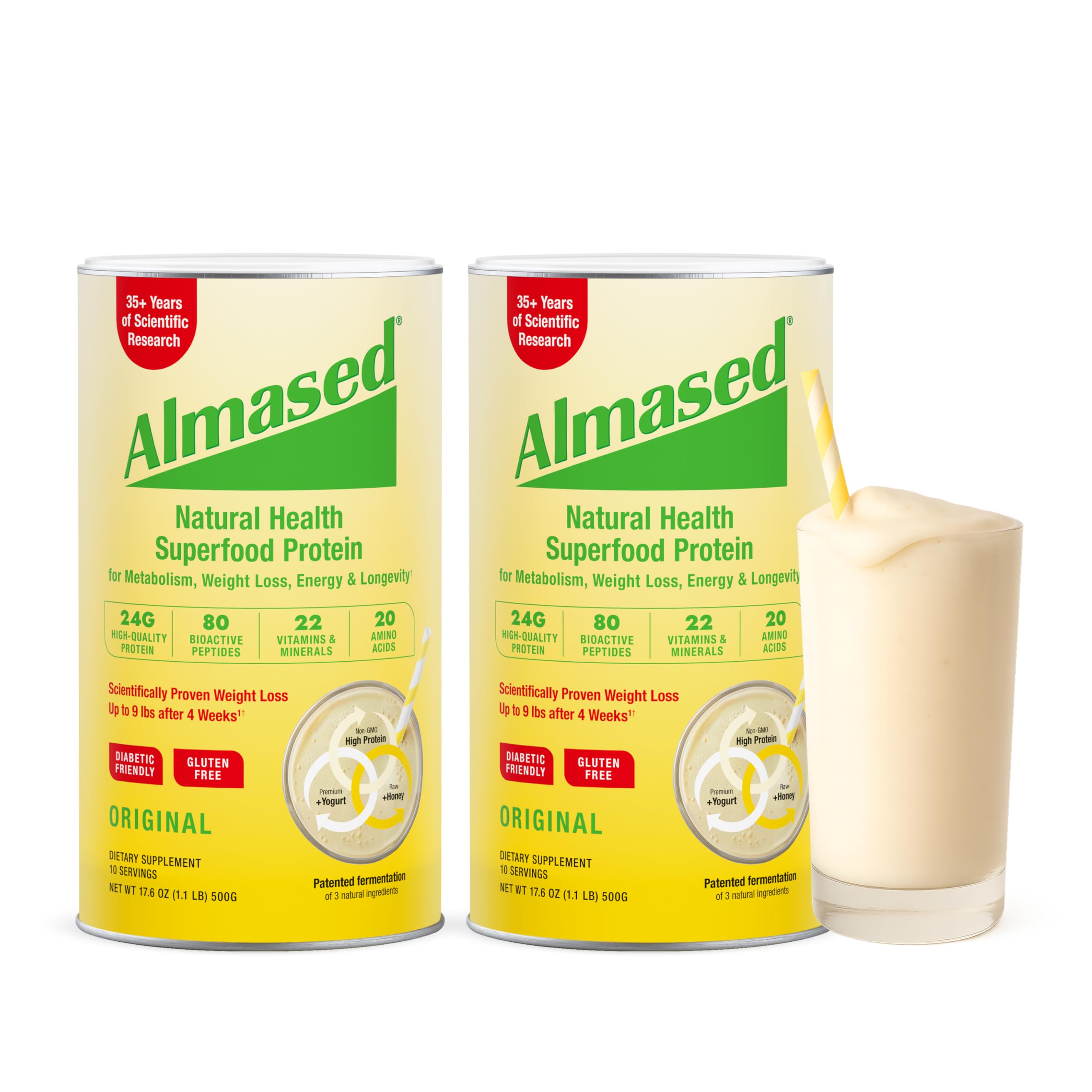 Almased Poudre Multiprotéines emballage montrant l'emballage pratique et accessible