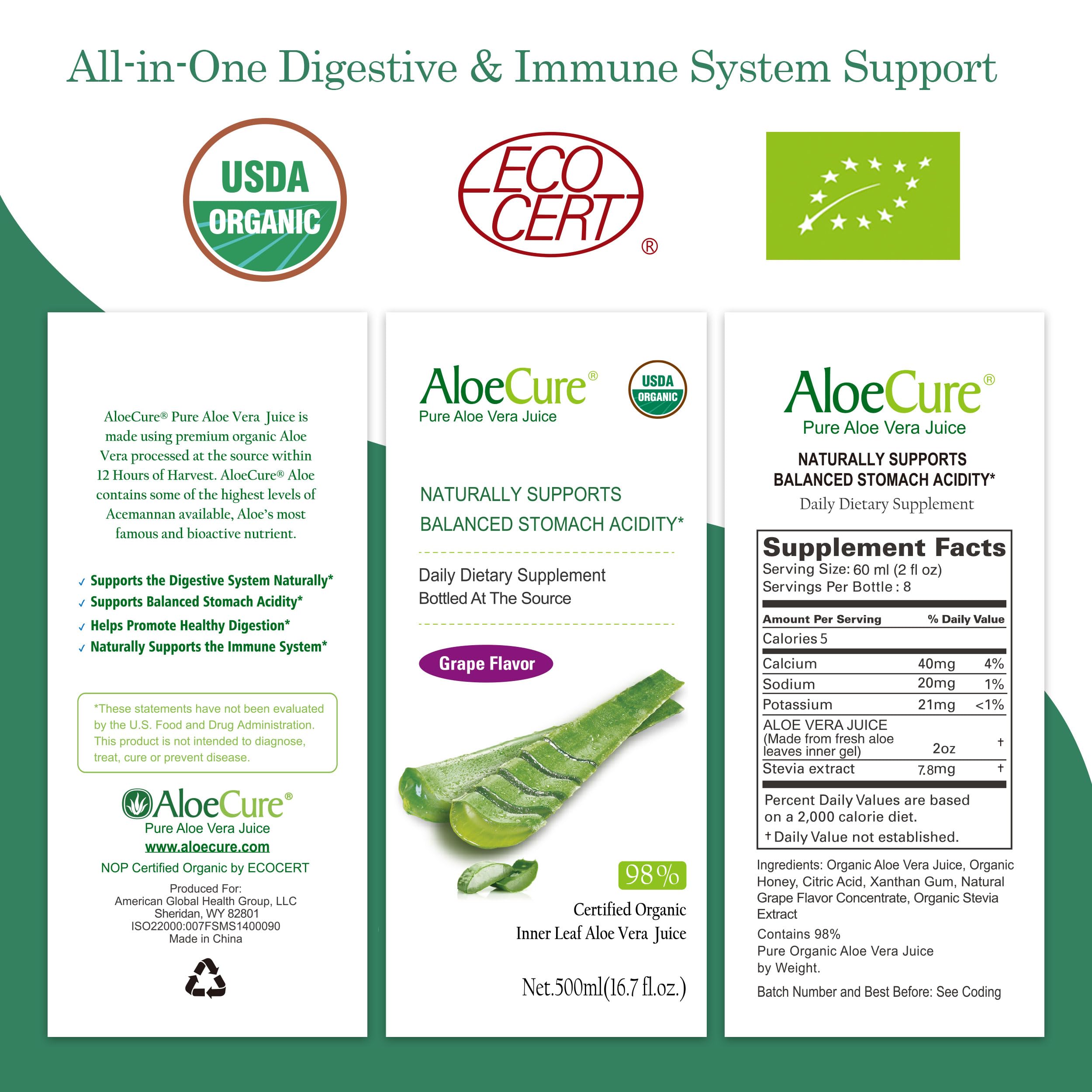 AloeCure: flacon-jus-aloe-vera-bio-raisins respectueux de l'environnement.
