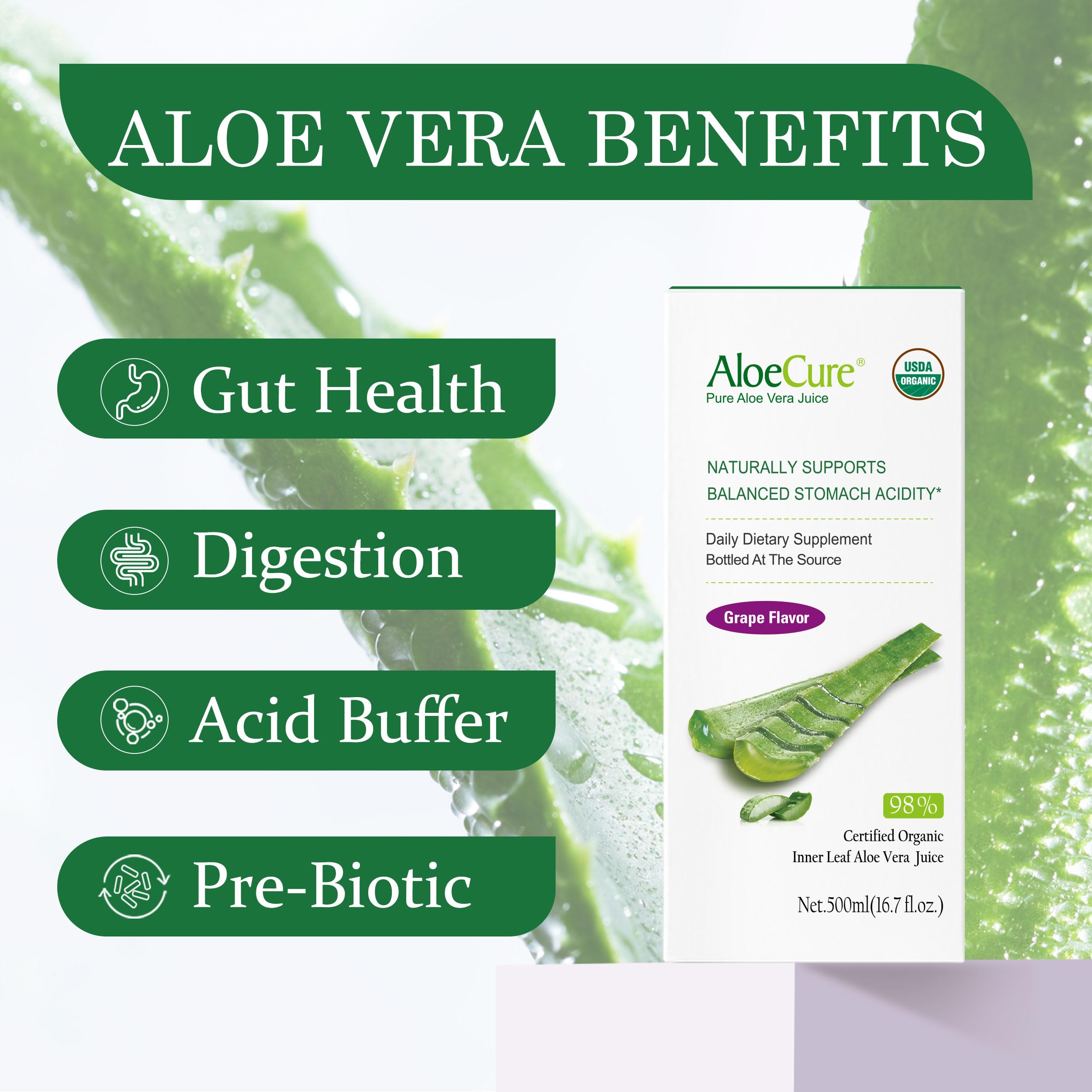 AloeCure: jus-aloe-vera-bio-raisins prêt à déguster pour un usage quotidien.