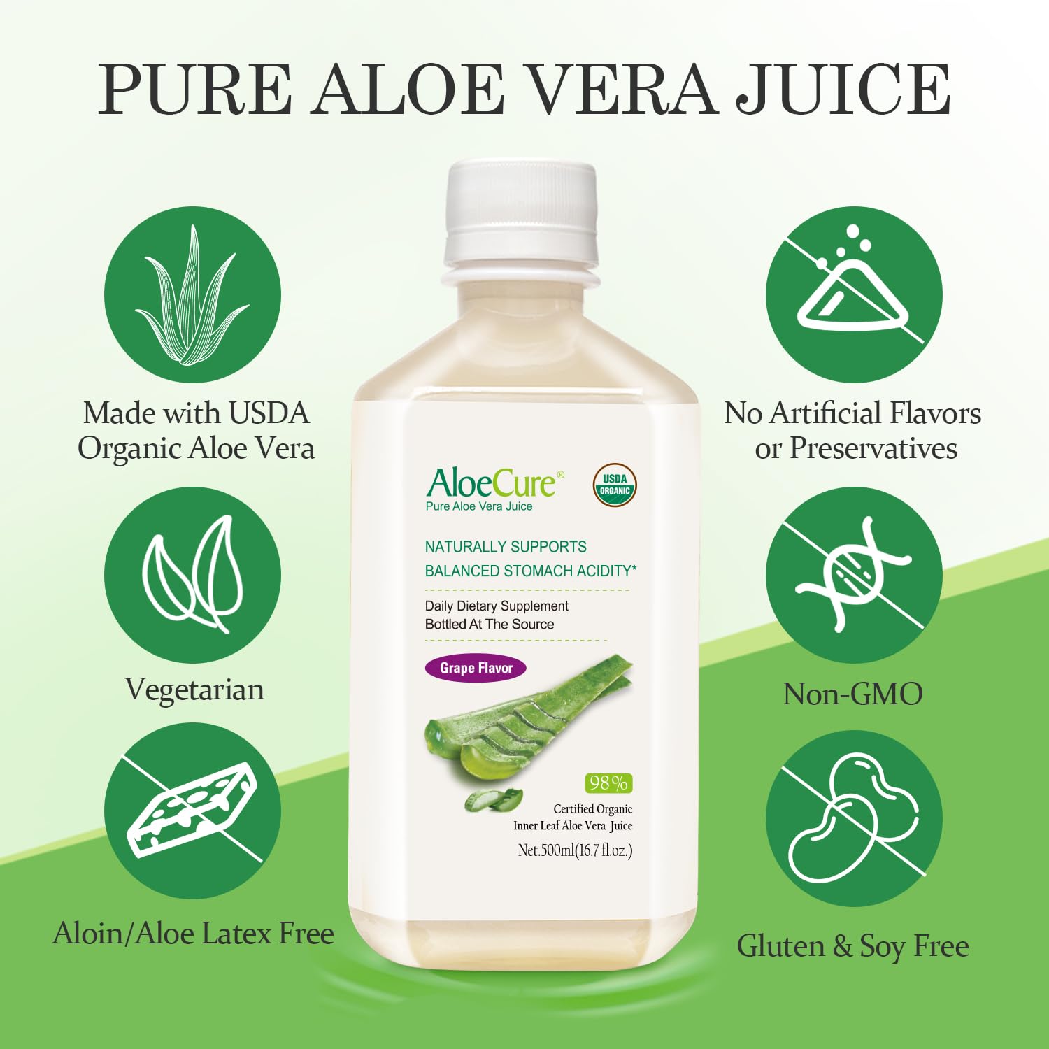 AloeCure: verre-jus-aloe-vera-bio-raisins, hydratation légère pendant la journée.