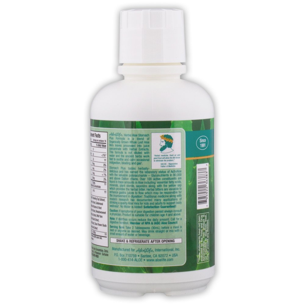 Aloe Life Stomach Plus étiquette détail, montre ingrédients à base d’aloé.
