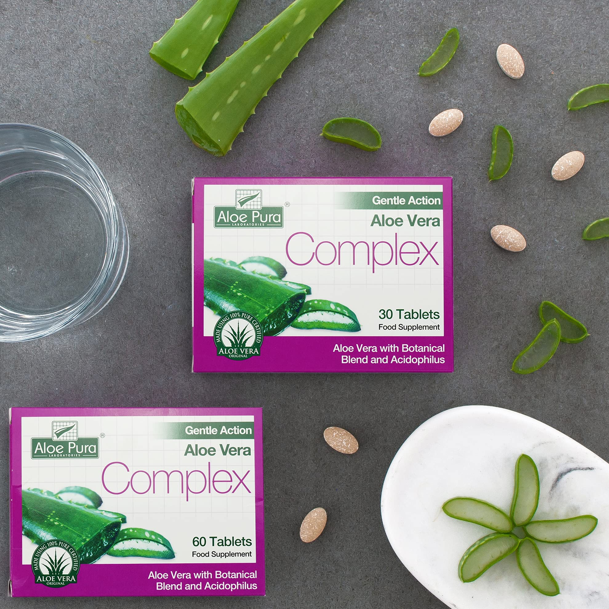 Aloe Pura Colax comprimés visibles, douceur et facilité d'ingestion