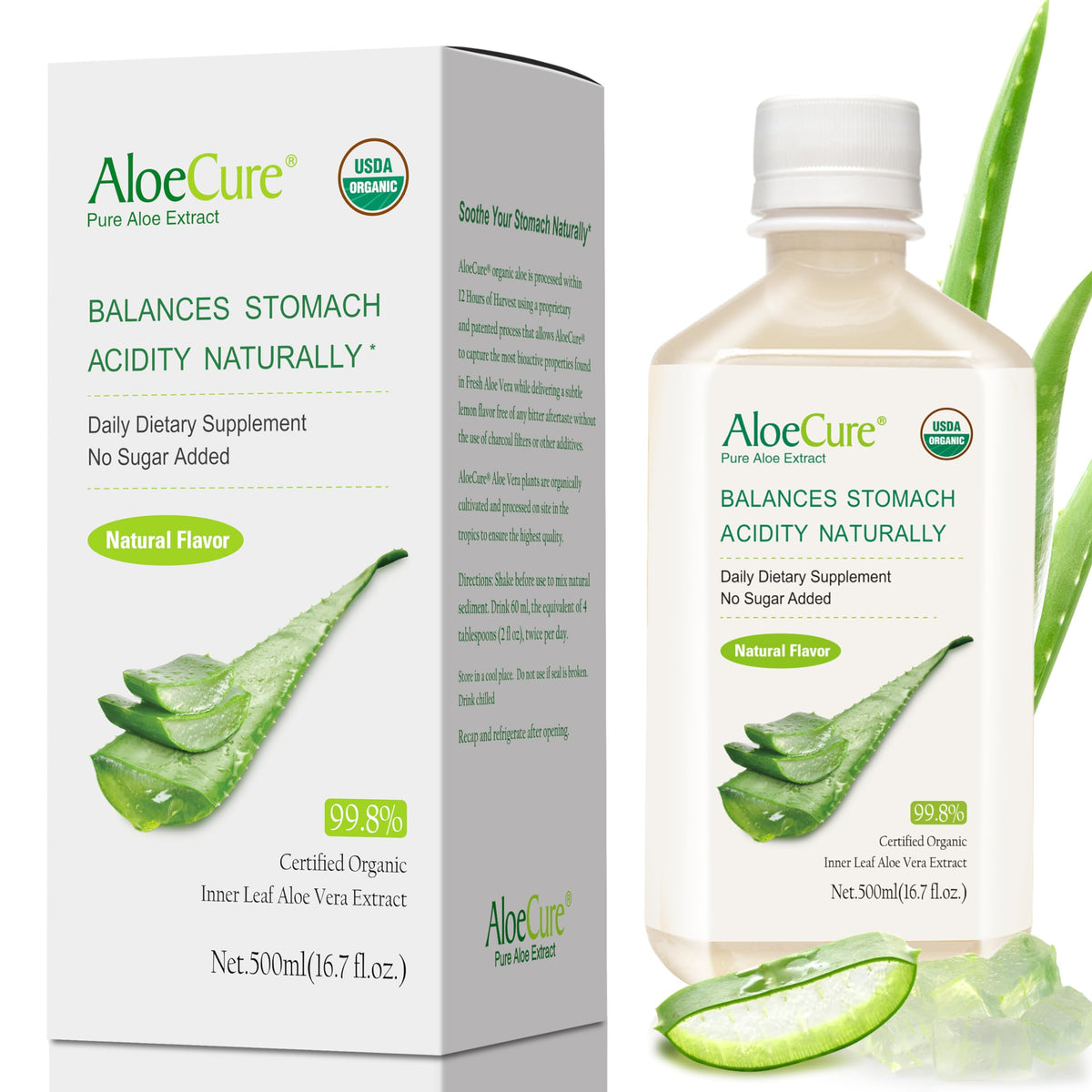 AloeCure: bouteille d'aloe bio 500 ml, soutien digestif naturel.
