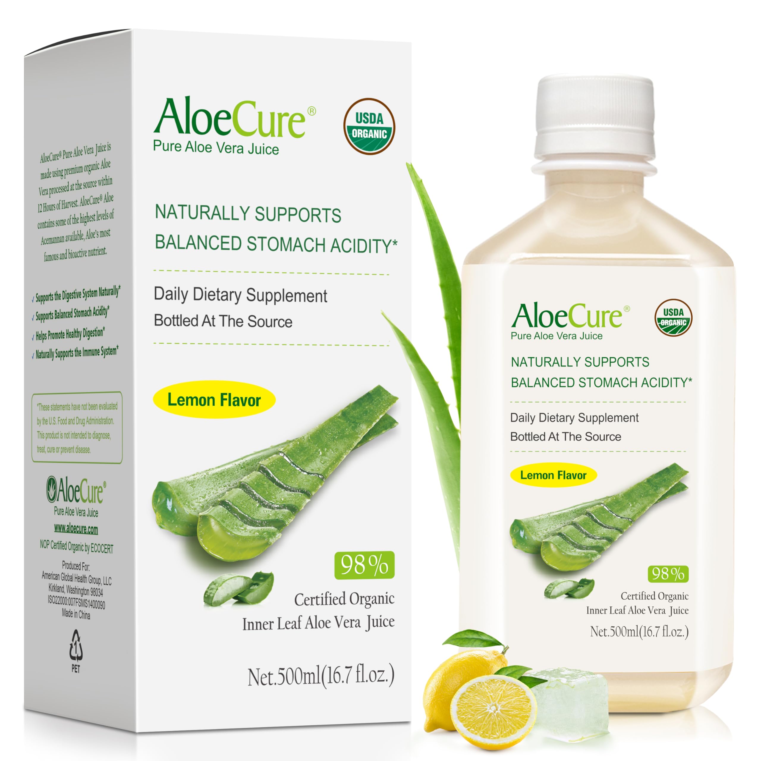 AloeCure: bouteille de jus aloe citron, goût frais et soutien digestif potentiel.