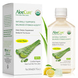 AloeCure: bouteille de jus aloe citron, goût frais et soutien digestif potentiel.