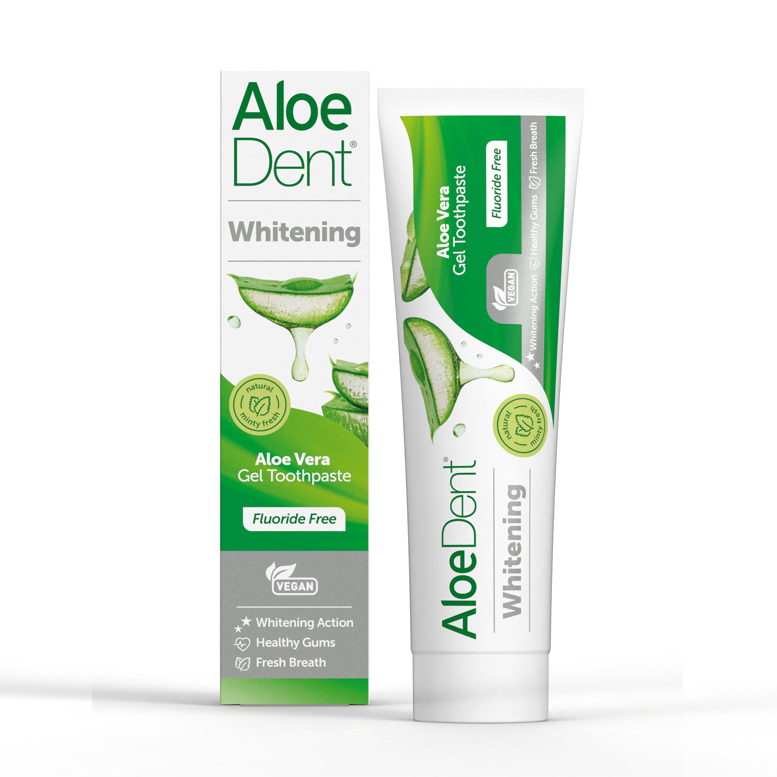 Aloe Dent dentifrice blanchissant aloé vera, tube visible, pour un sourire plus éclatant.
