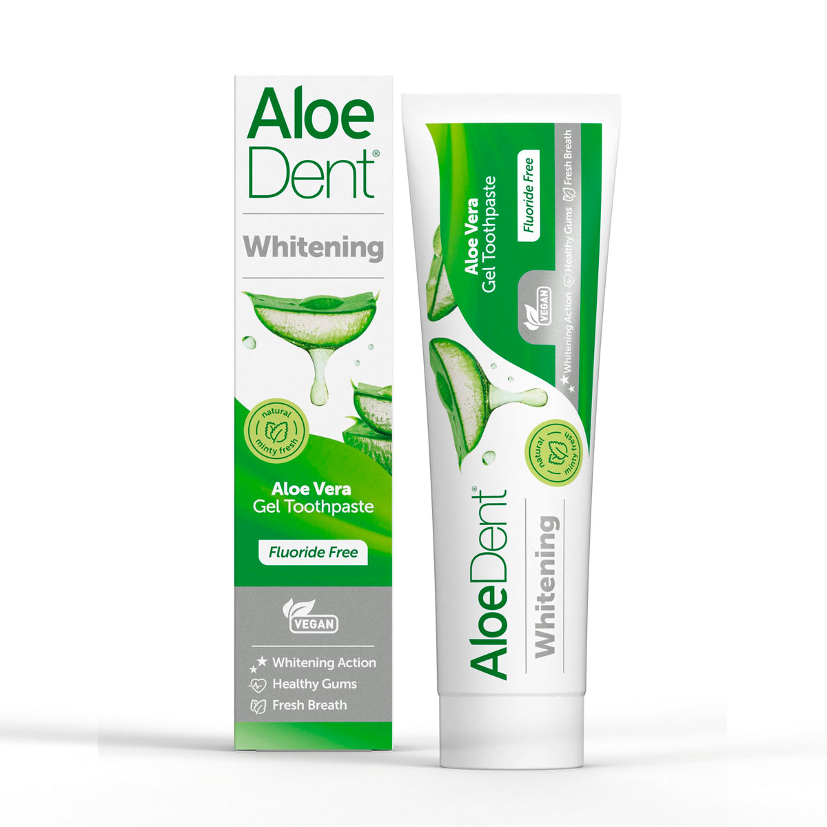 Aloe Dent dentifrice blanchissant aloé vera, tube visible, pour un sourire plus éclatant.