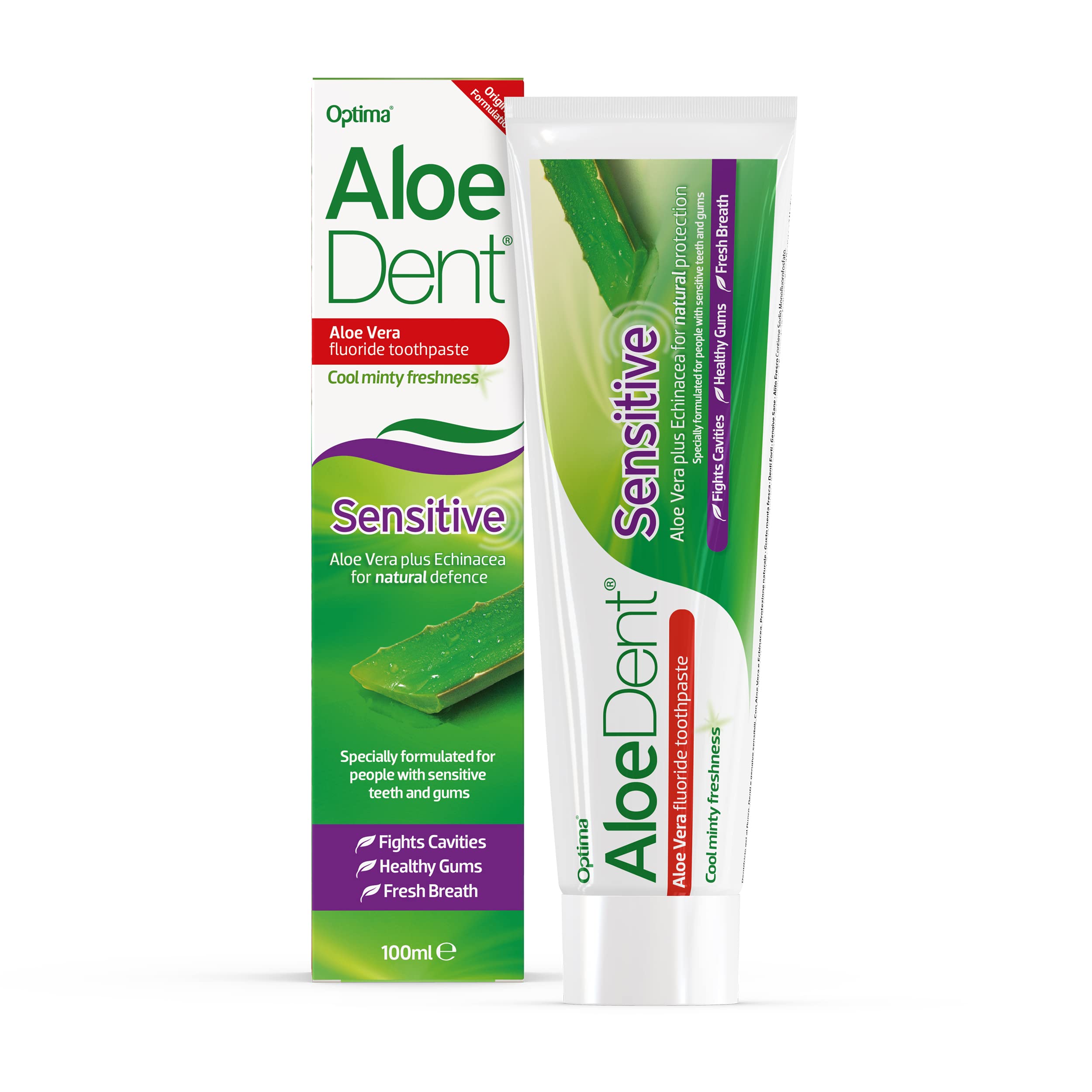 Dentifrice AloeDent Sensitive en tube fluoré, routine quotidienne adaptée aux sensibilités.