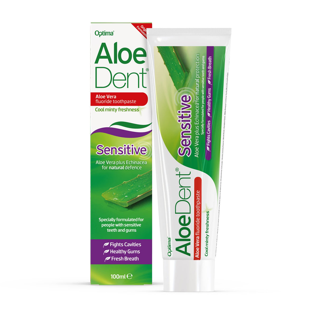 Dentifrice AloeDent Sensitive en tube fluoré, routine quotidienne adaptée aux sensibilités.