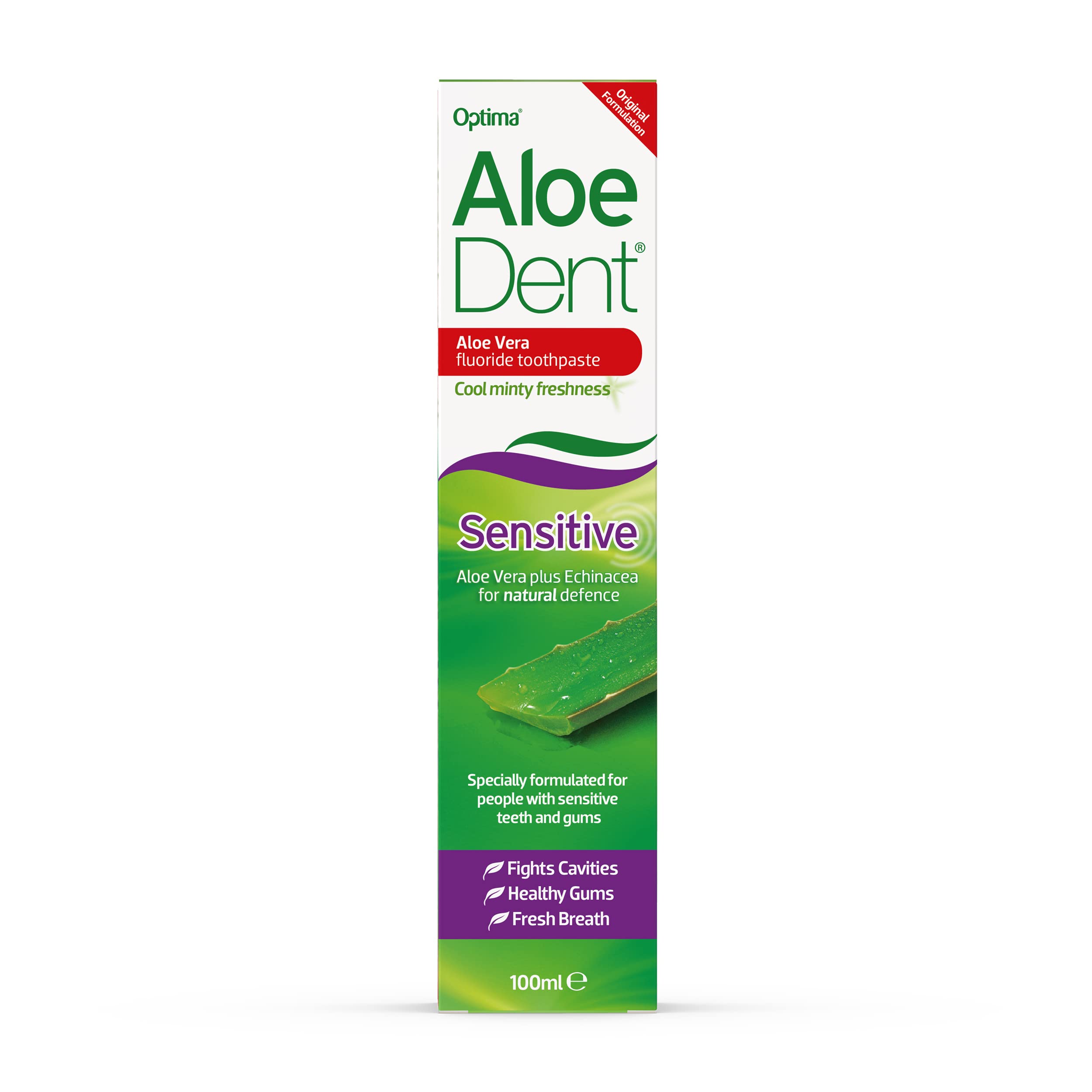 AloeDent Sensitive parfum menthe naturelle, brossage rafraîchissant.