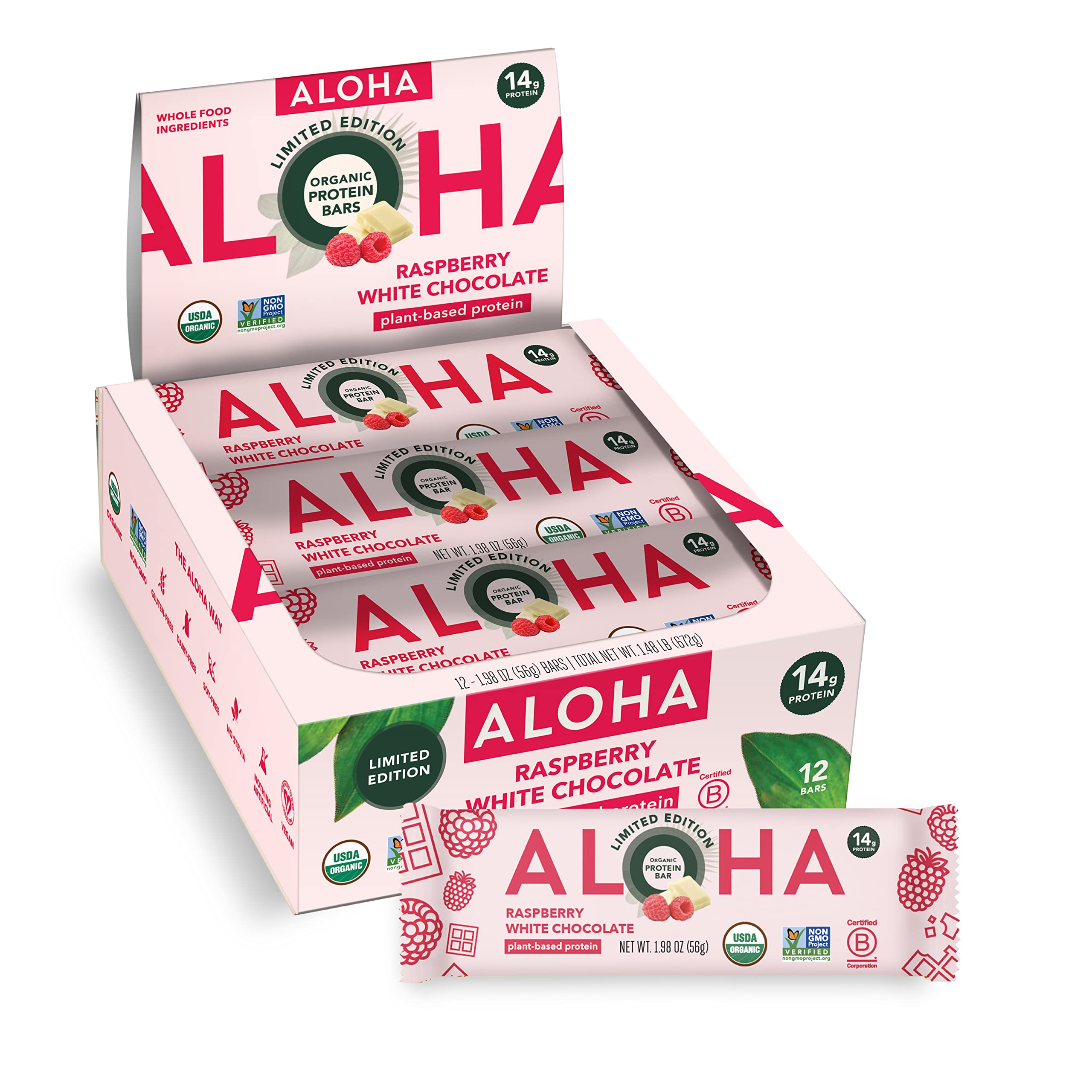 Barres protéinées ALOHA Raspberry White Chocolate, emballage de 12 barres prêt à emporter