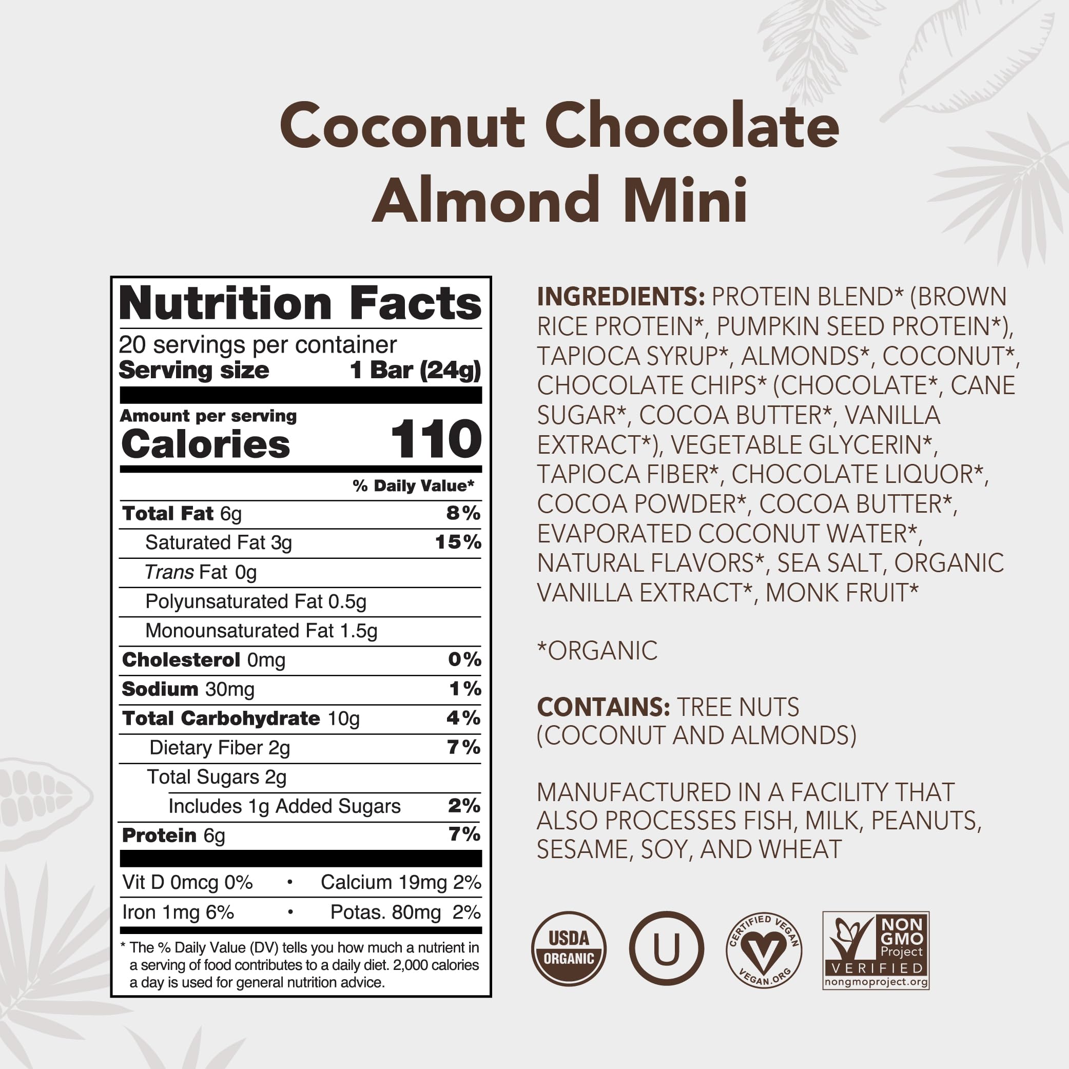 Barre ALOHA mini coco-chocolat-amande, emballage individuel pratique pour déplacements.