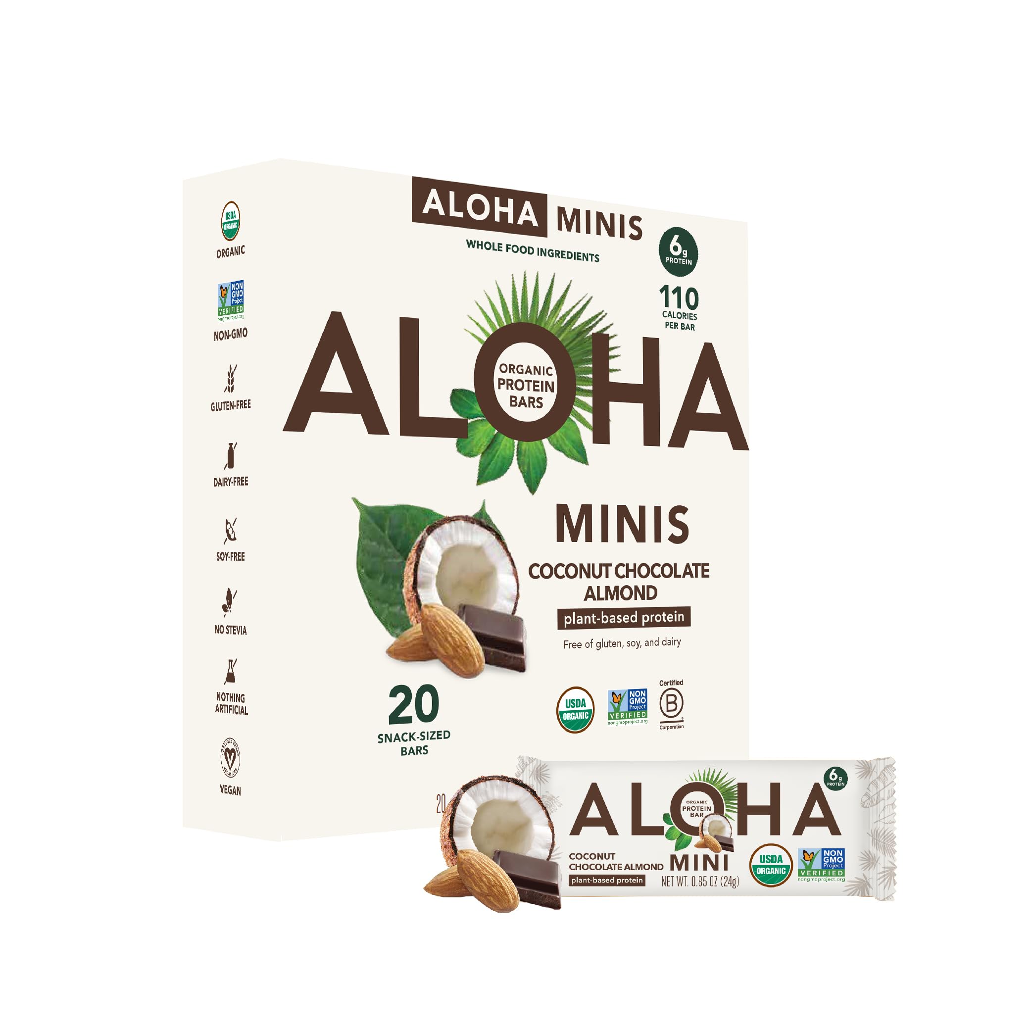 Barres mini ALOHA protéinées coco-chocolat-amande en boîte, collations vegan pratique.