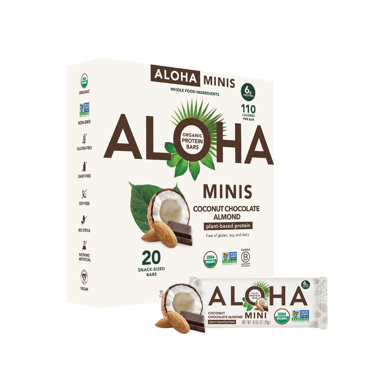 Barres mini ALOHA protéinées coco-chocolat-amande en boîte, collations vegan pratique.