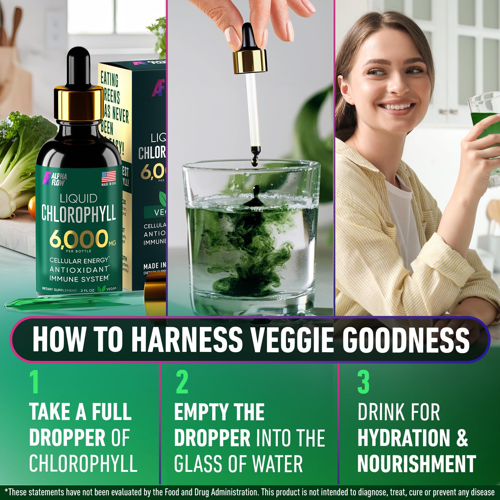 Alpha Flow chlorophyll: bouteille sur plan de cuisine pour usage quotidien et naturel.