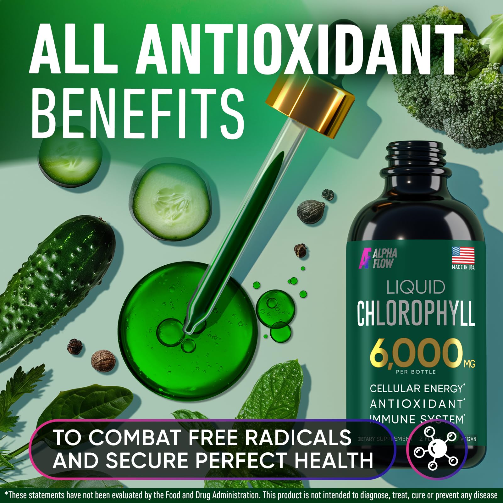 Alpha Flow chlorophyll: emballage convivial adapté aux adultes et enfants.