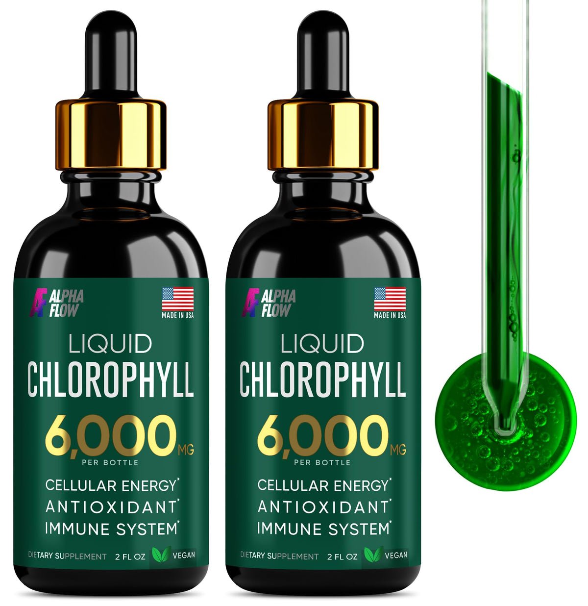 Alpha Flow Chlorophylle liquide: deux bouteilles réunies, soutien potentiel à l'énergie et à la détox.
