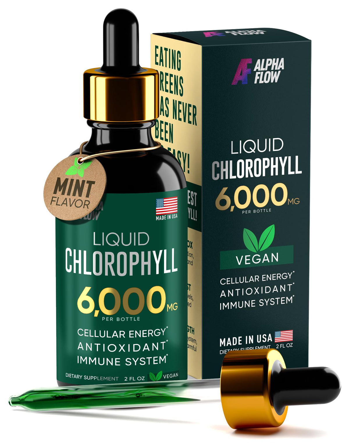Alpha Flow Chlorophylle gouttes bouteille : routine verte facile et énergie naturelle.