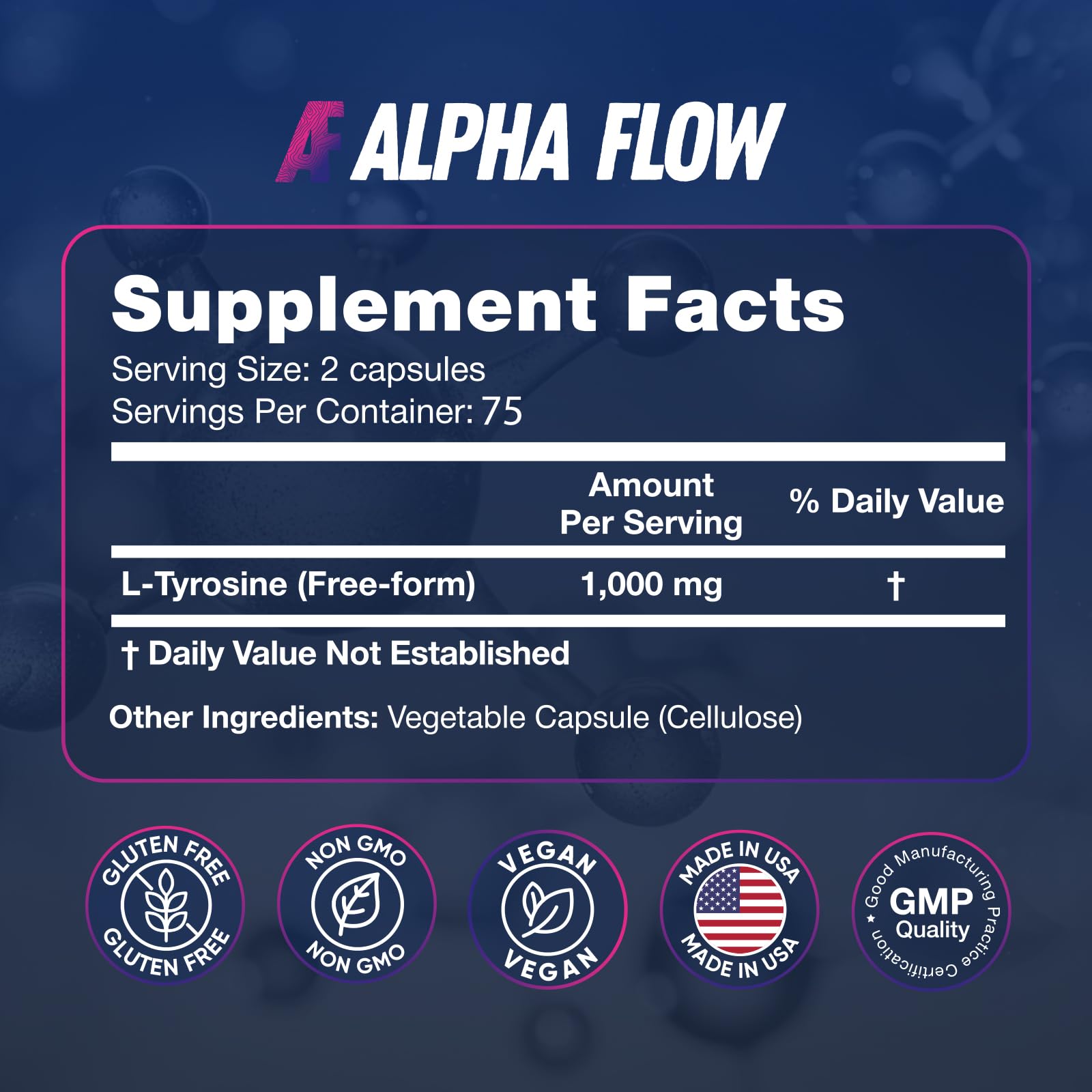 Alpha Flow L-Tyrosine 1000mg, bouteille ouverte, mémorisation et rappel possibles.