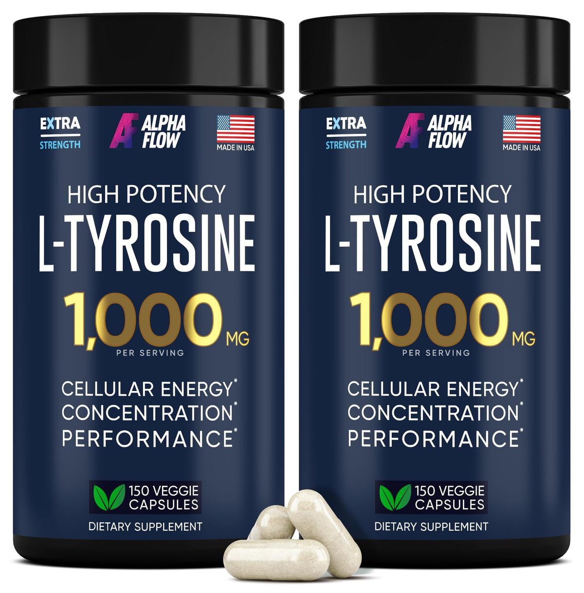 Alpha Flow L-Tyrosine 1000mg, emballage avant, concentration potentielle améliorée.