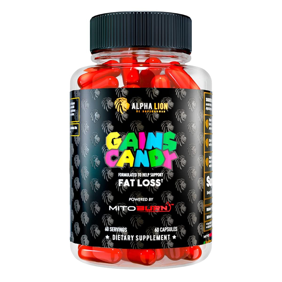 ALPHA LION Gains Candy : bouteille MitoBurn montrant le dosage pour brûler les graisses