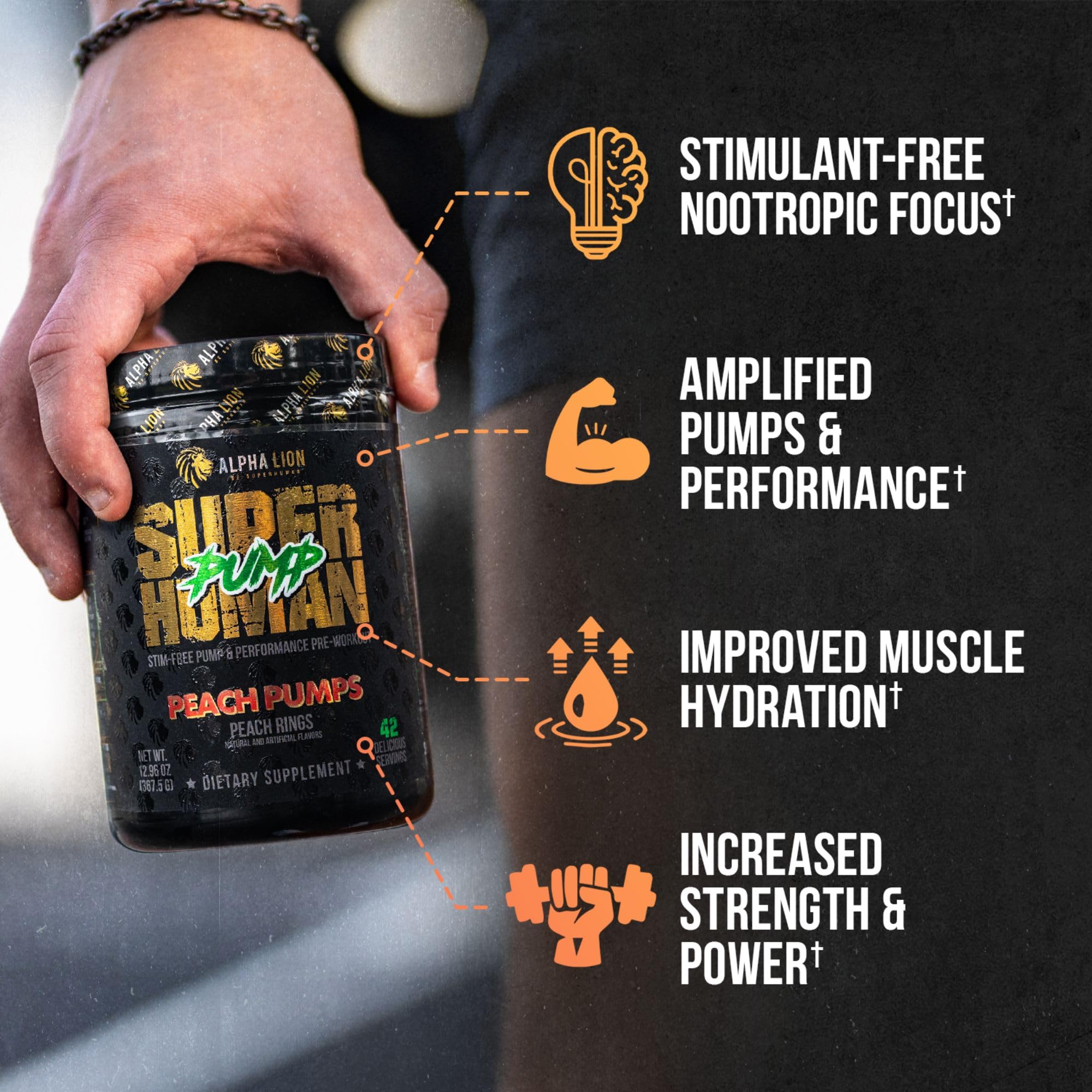 ALPHA LION Pump Pre Workout: doseur poudre visible, pratique sans stimulants pour l'entrainement.