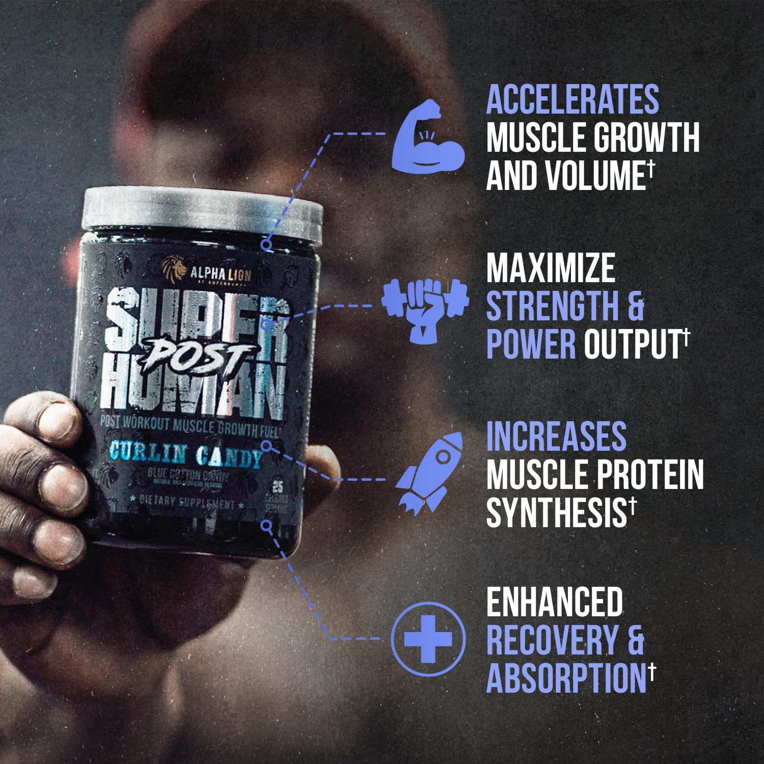 Doseur ALPHA LION Superhuman Post Curlin Candy montrant la portion recommandée