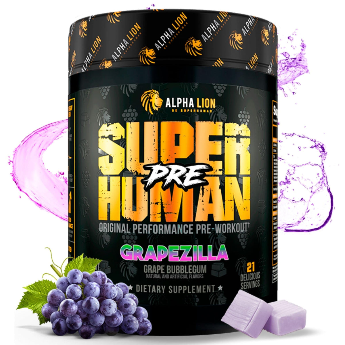 ALPHA LION Superhuman pré-entraînement, bouteille saveur raisin bubblegum, énergie durable.