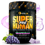 ALPHA LION Superhuman pré-entraînement, bouteille saveur raisin bubblegum, énergie durable.