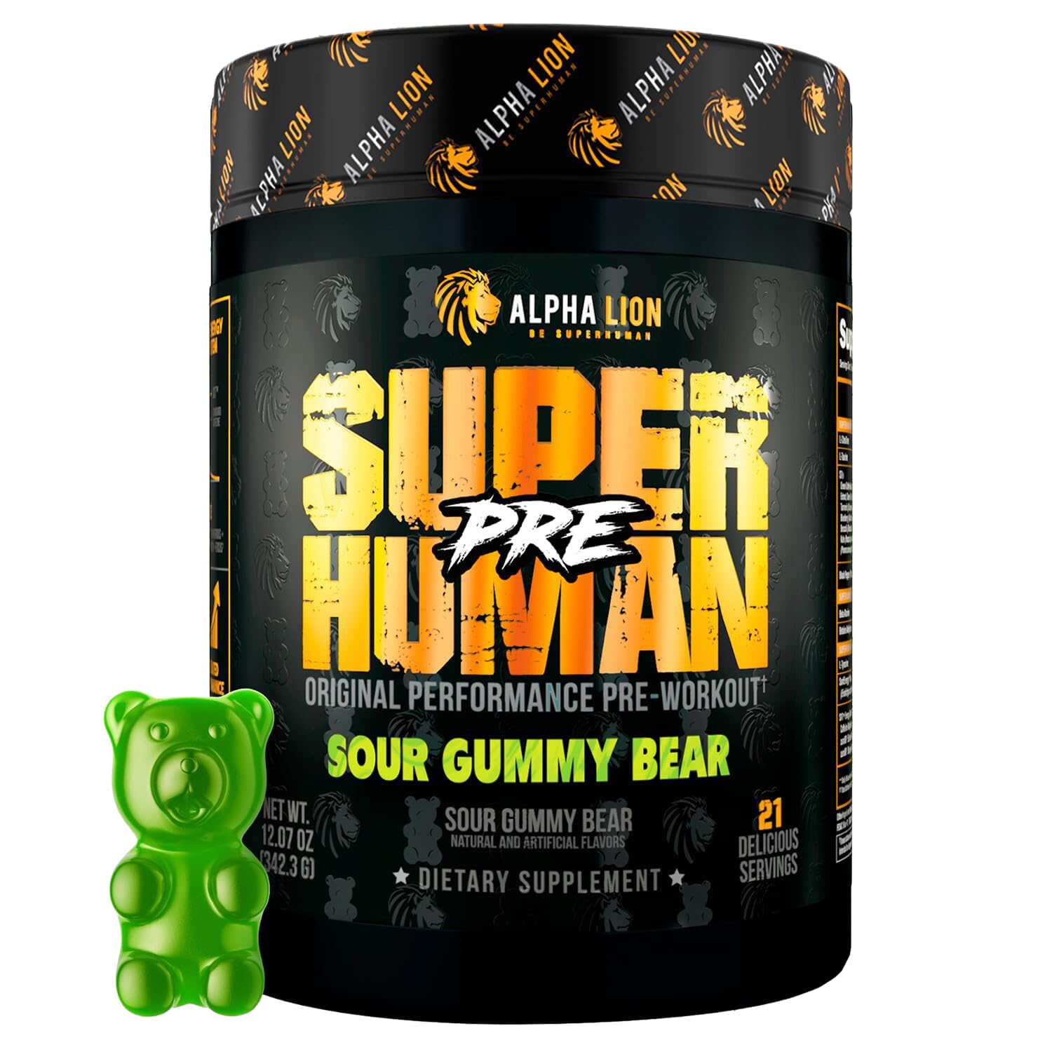 ALPHA LION Superhuman Pré-entraînement: bouteille illustrée, énergie et concentration potentielles.