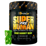 ALPHA LION Superhuman Pré-entraînement: bouteille illustrée, énergie et concentration potentielles.
