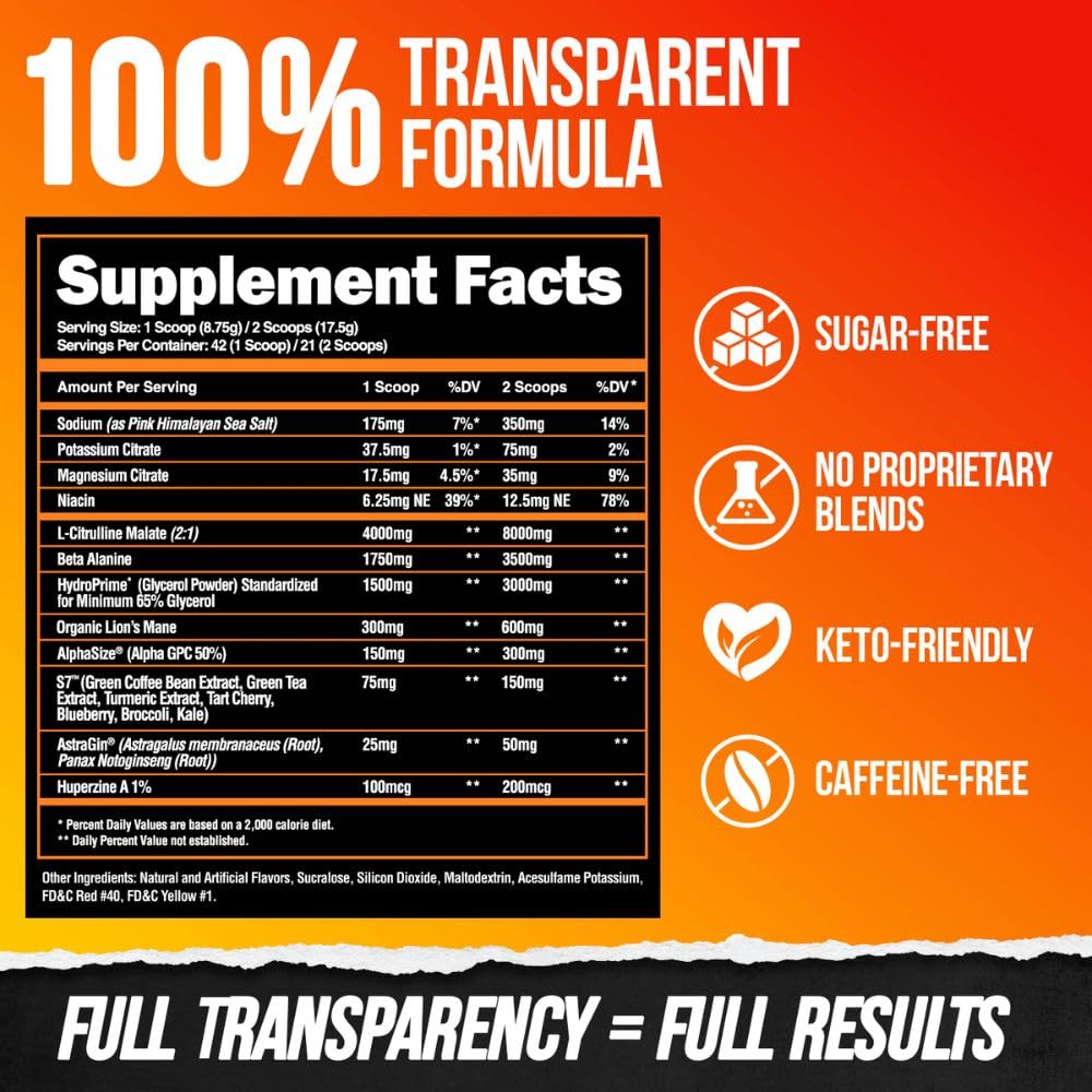 ALPHA LION Superhuman Pump – étiquette claire, indique les flux de nutriments clés.