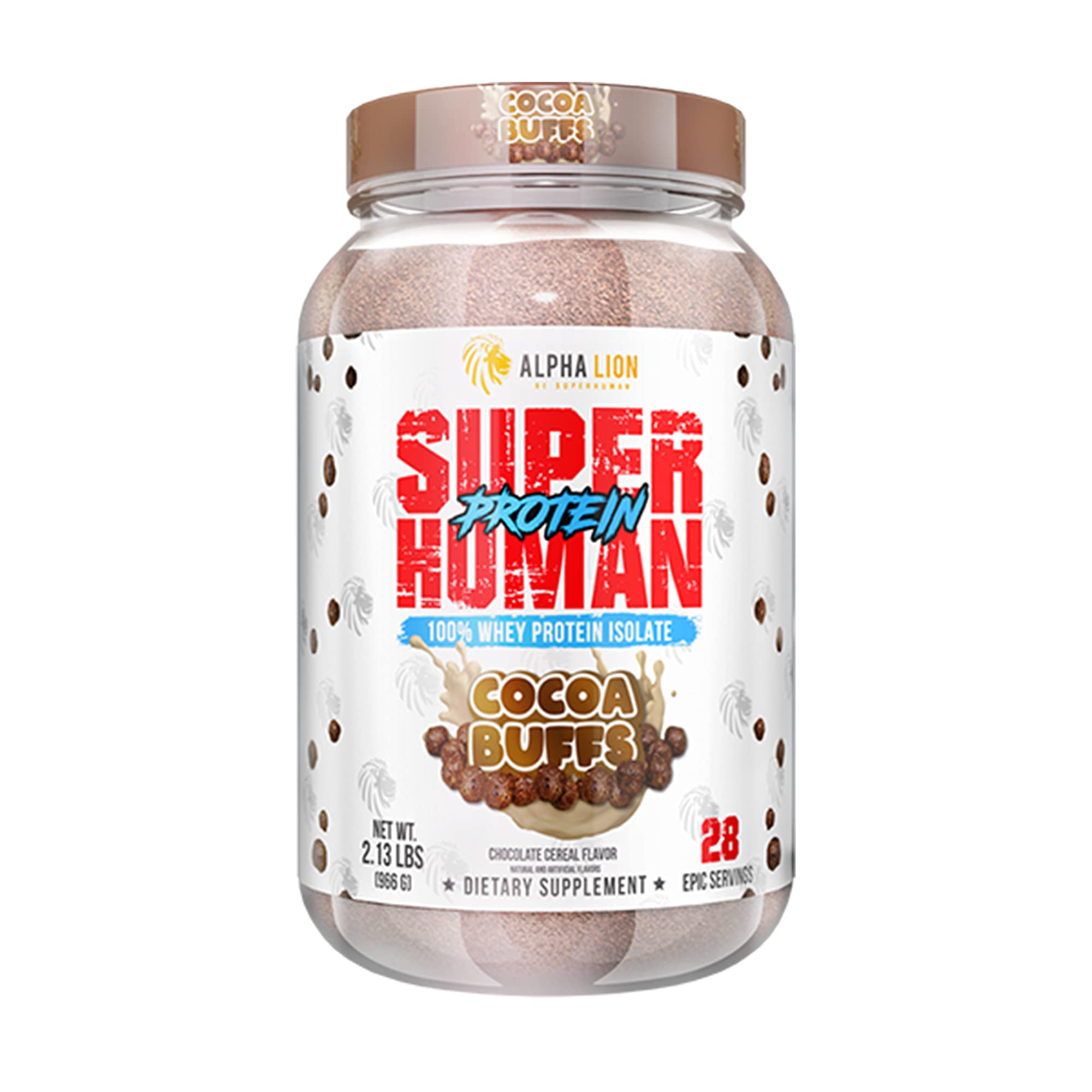ALPHA LION Superhuman Whey Isolate chocolat Cocoa Buffs, flacon pratique pour post-entraînement et récupération.