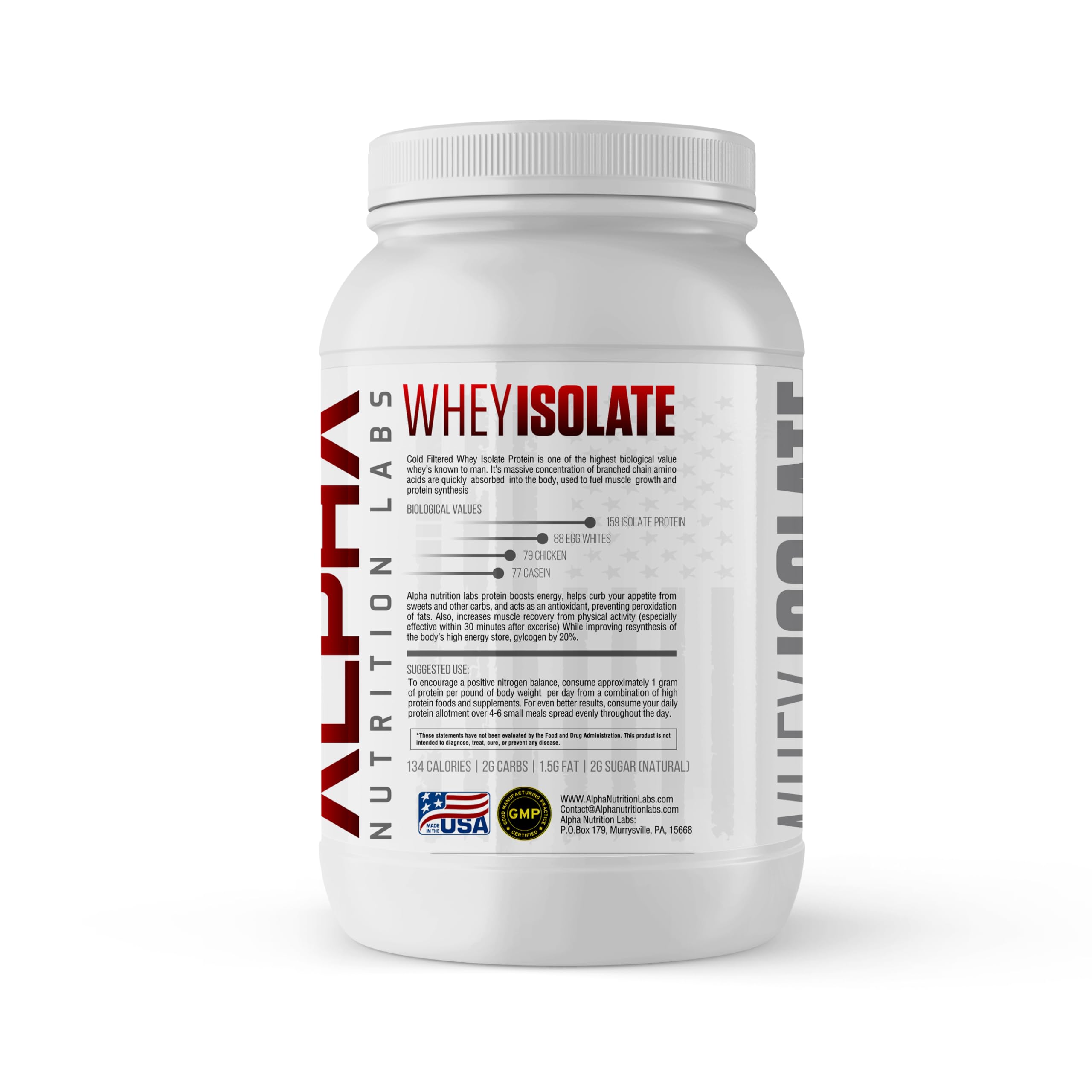 Étiquette nutritionnelle d'Alpha Nutrition Labs Whey Isolate, protéines rapides pour récupération après entraînement.
