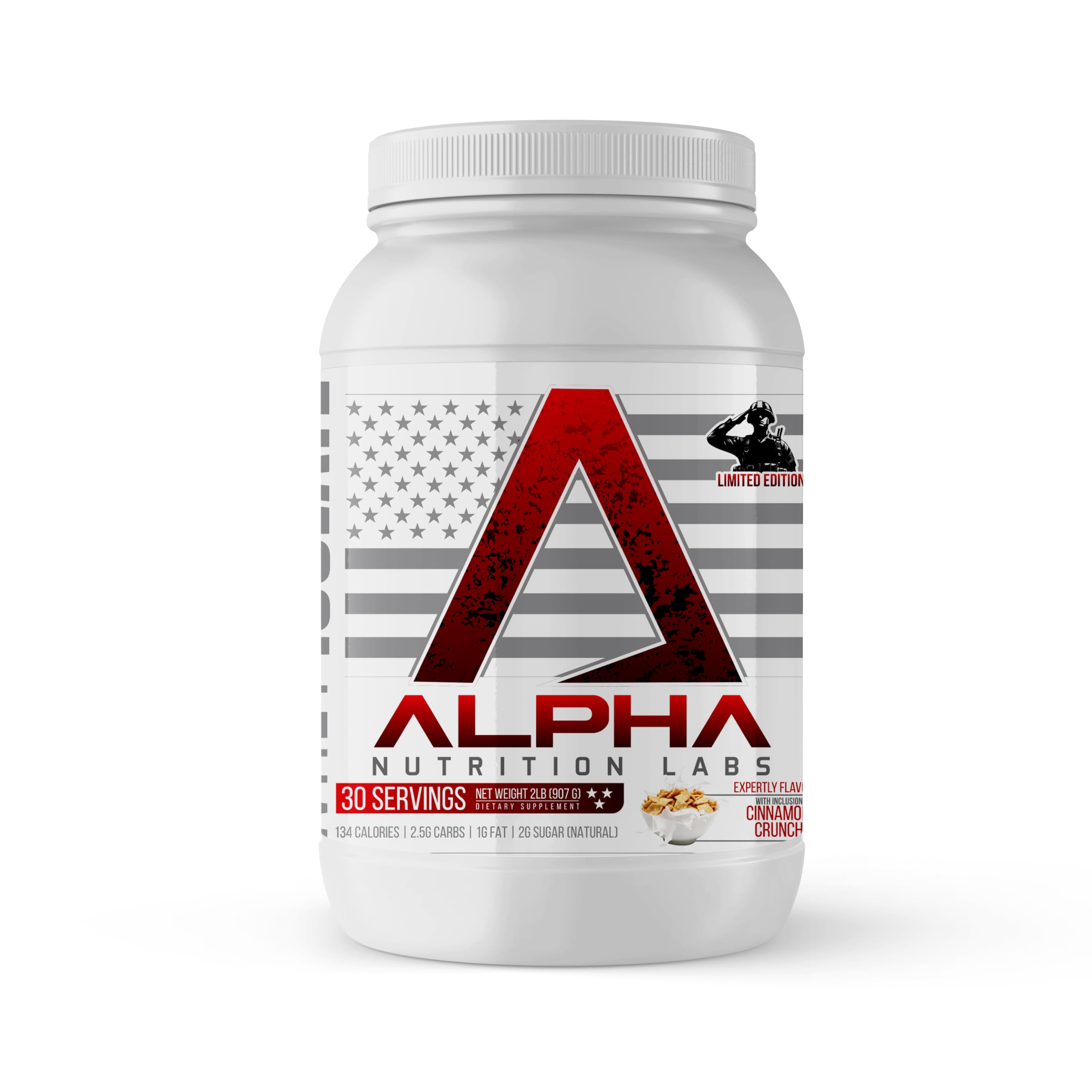 Emballage Cannelle Crunch d'Alpha Nutrition Labs Whey Isolate, source de protéines maigres.