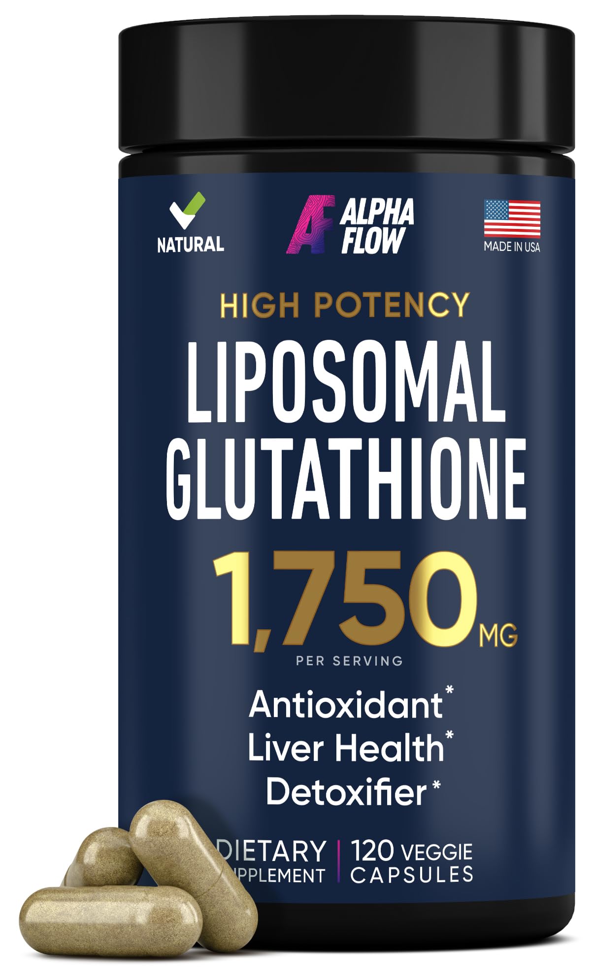 Alpha Flow bouteille glutathion liposomal, soutien détox et immunité.