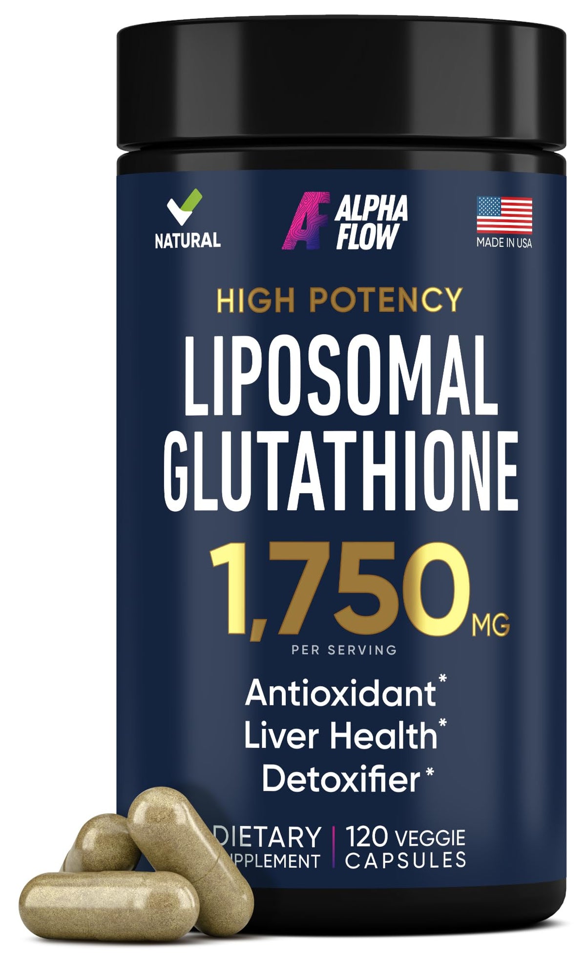 Alpha Flow bouteille glutathion liposomal, soutien détox et immunité.