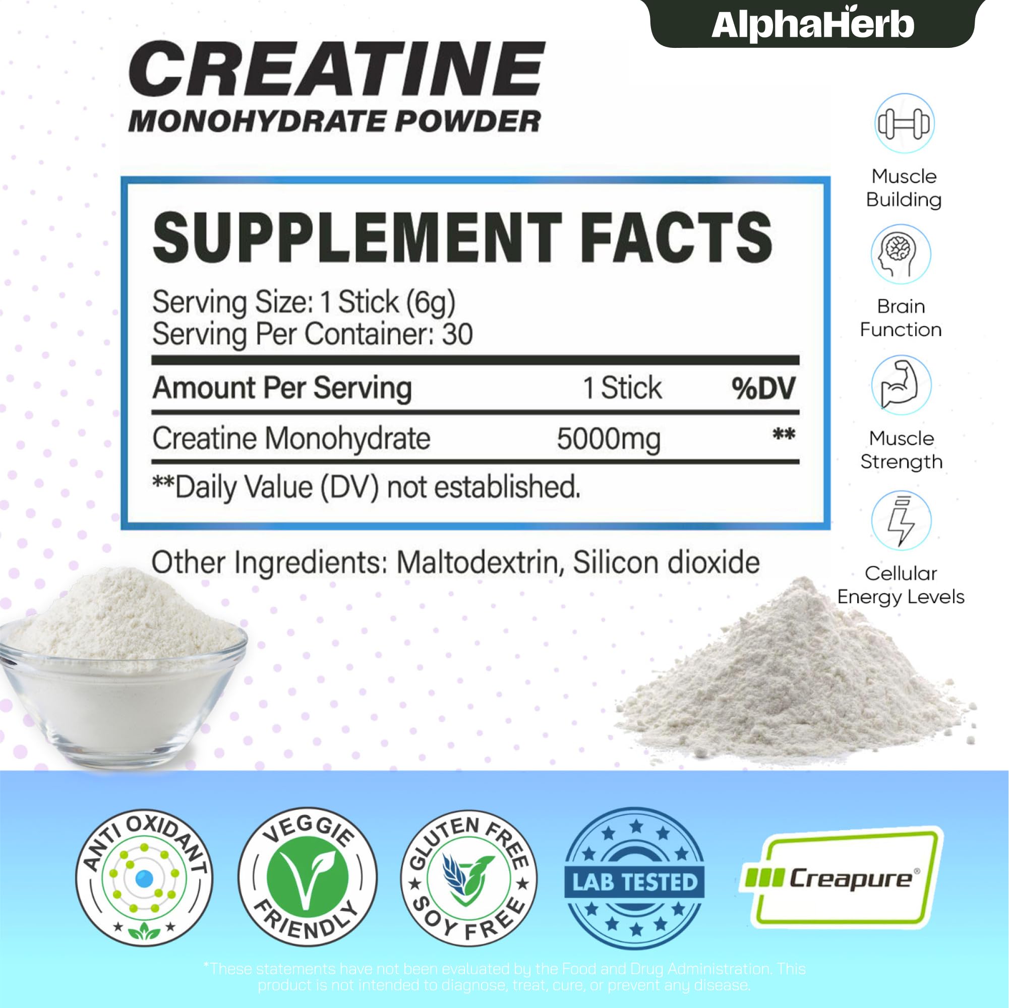 Poudre non aromatisée AlphaHerb Créatine se mélange facilement dans la boisson.
