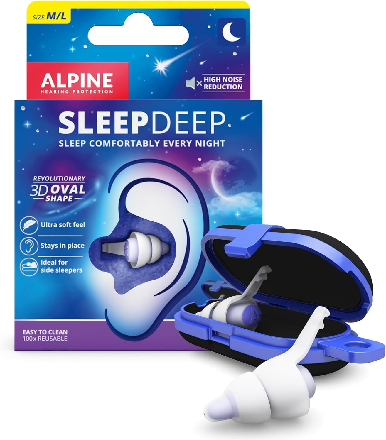 Bouchons Alpine SleepDeep en forme ovale 3D, confort idéal pour dormeurs sur le côté.