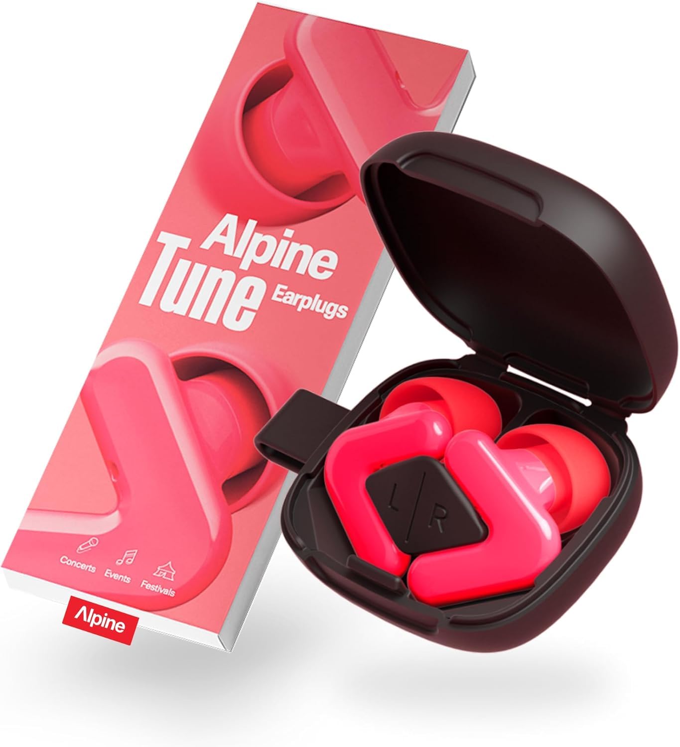 Bouchons Alpine Tune avec étui portable couleur rose néon.