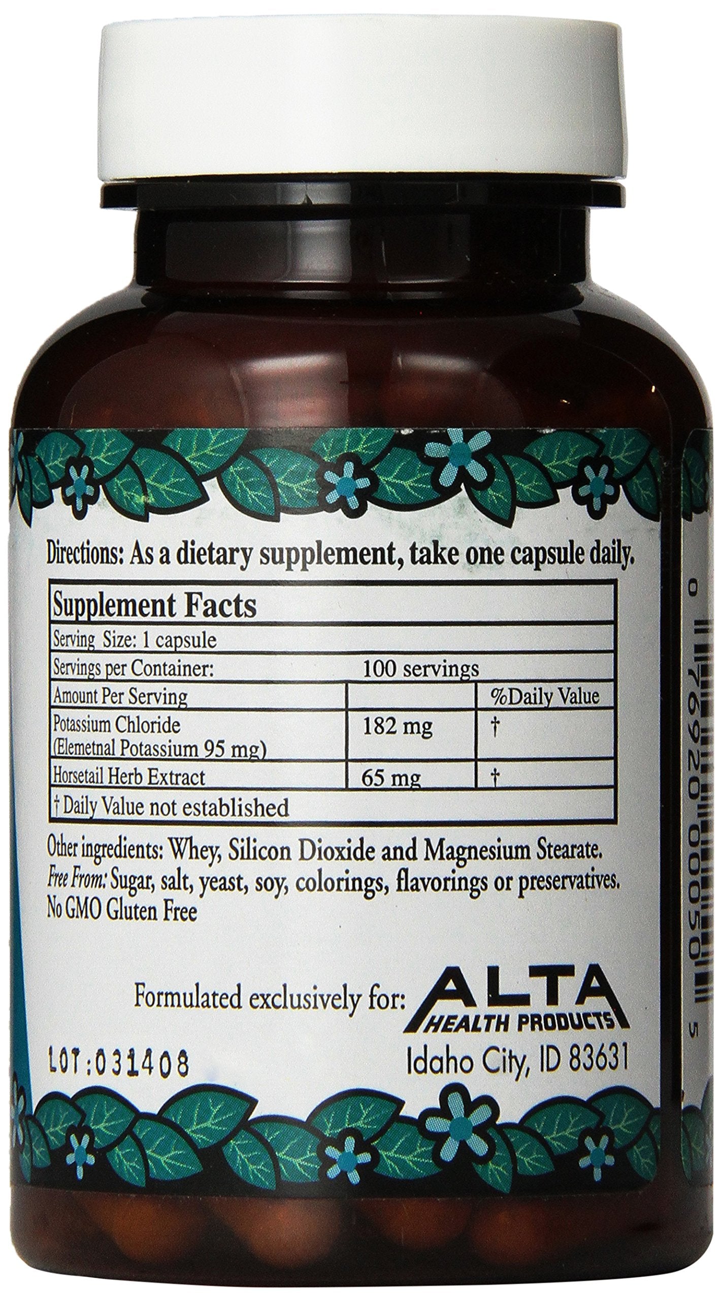 Étiquette des capsules Alta Health chlorure de potassium et silice.
