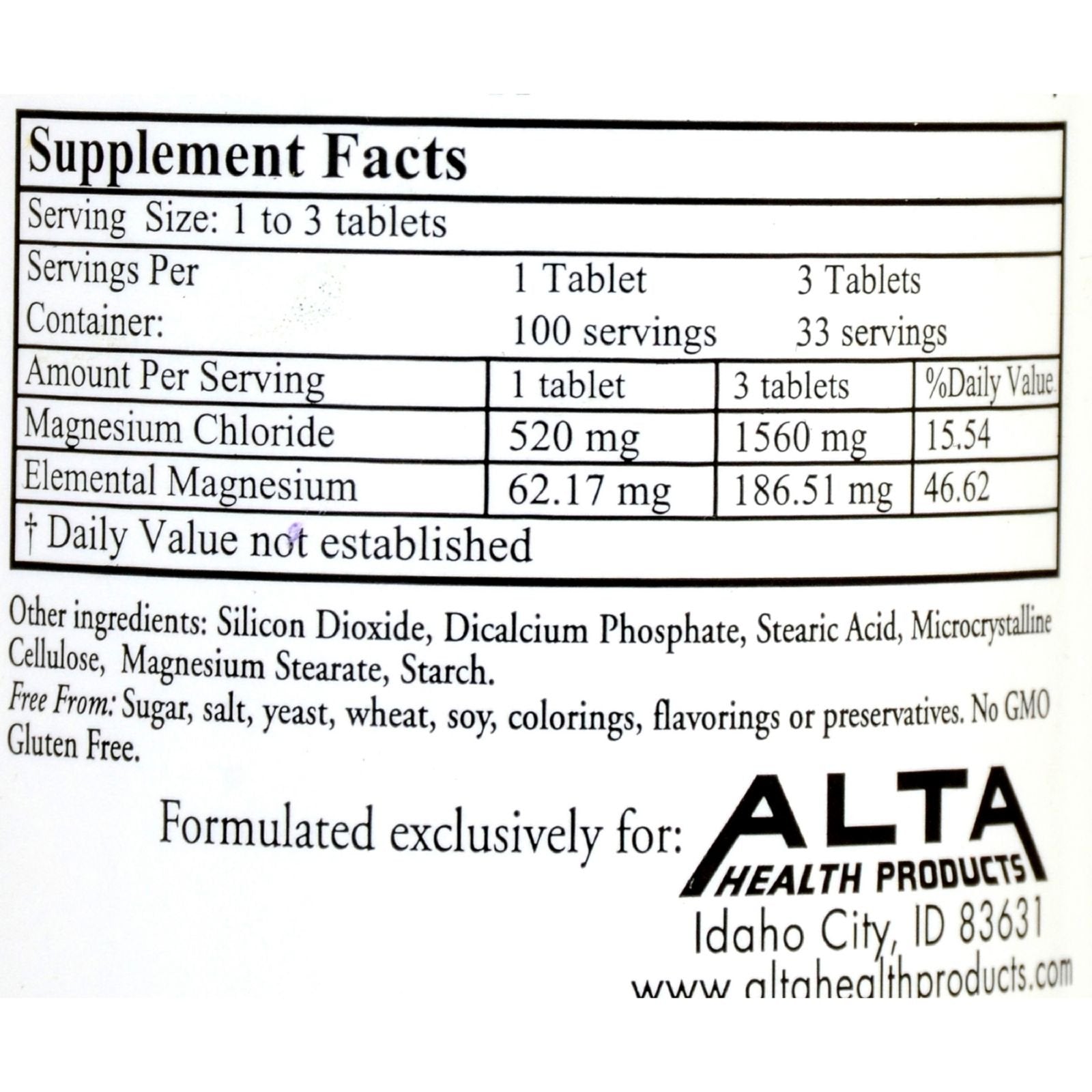 Emballage Alta Health chlorure de magnésium – étiquettes claires et informations utiles