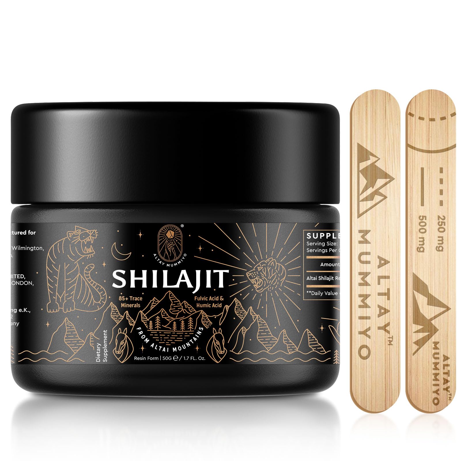 ALTAY MUMMIYO résine Shilajit, bocal en verre sombre préservant pureté et puissance naturelle.