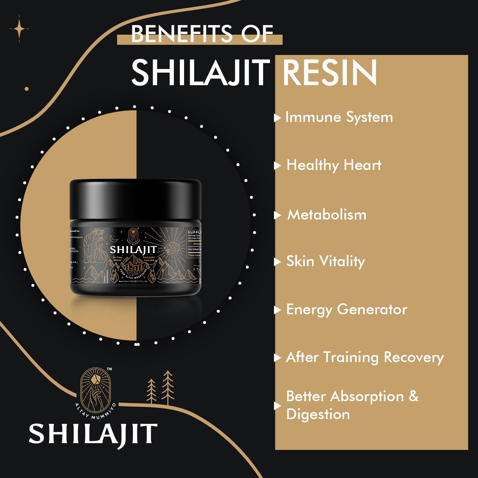 ALTAY MUMMIYO Shilajit ingrédients — 85 minéraux et acides fulviques et humiques.